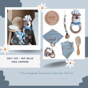 7 Piece Handmade Customized Crochet Deer Rattle Teether Gift Set